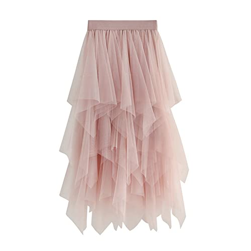 Tüllrock Damen Faltenrock Tüllrock Asymmetrisch Röcke Kurzer Skater Röcke Midirock Sommerrock Tutu Tüll Rock Karneval Lang Elegant Elastisch Hohe Taille Ballettrock Maxirock Party (C-Pink, One Size) von Generisch