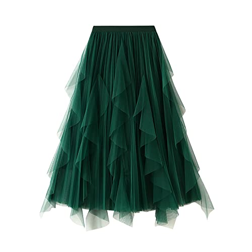 Tüllrock Damen Faltenrock Tüllrock Asymmetrisch Röcke Kurzer Skater Röcke Midirock Sommerrock Tutu Tüll Rock Karneval Lang Elegant Elastisch Hohe Taille Ballettrock Maxirock Party (H-Green, One Size) von Generisch