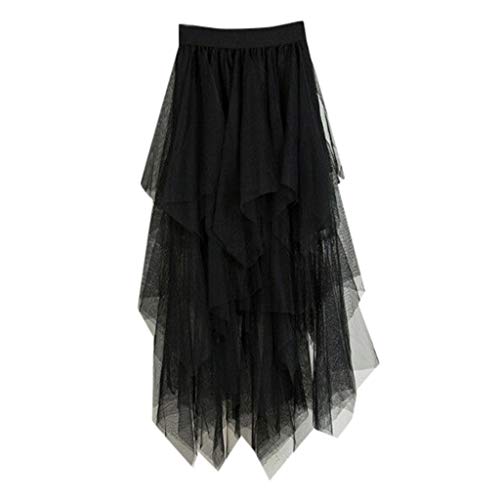 Tüllrock Damen Faltenrock Tüllrock Asymmetrisch Röcke Kurzer Skater Röcke Midirock Sommerrock Tutu Tüll Rock Karneval Lang Elegant Elastisch Hohe Taille Ballettrock Maxirock Party (I-Black, One Size) von Generisch