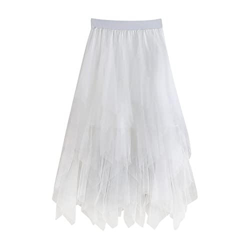 Tüllrock Damen Faltenrock Tüllrock Asymmetrisch Röcke Kurzer Skater Röcke Midirock Sommerrock Tutu Tüll Rock Karneval Lang Elegant Elastisch Hohe Taille Ballettrock Maxirock Party (White-d, One Size) von Generisch