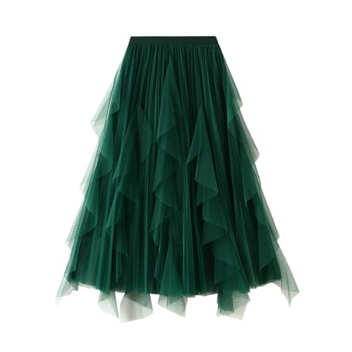 Tüllrock Damen Große Größen Lang Tüll Rock Midirock Elastischer Hoher Bund Asymmetrisch Mesh Lagenrock Netzstoff A-Linie Midi-Swing-Rock Faltenrock (03 Grün, One Size) von Generisch