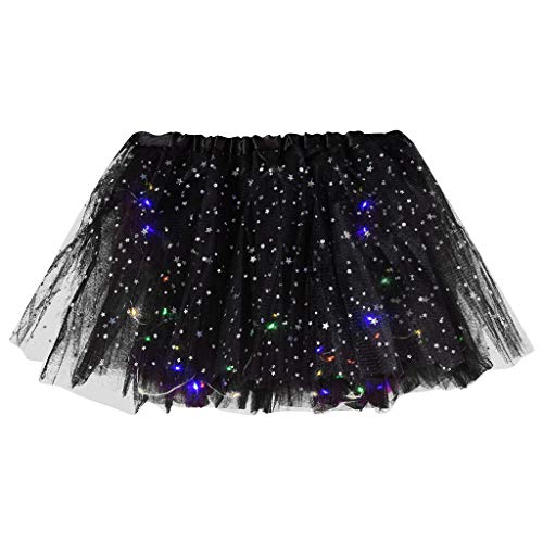 Tüllrock Damen Tütü Petticoat Unterrock Minirock mit Sternen Pailletten LED_Licht Ballett Tutu-Rock Partykleid Tanzkleid Karneval Kostüm Carnival Damen Karneval Kostüm Cosplay Kostüm (Black, One Size) von Generisch