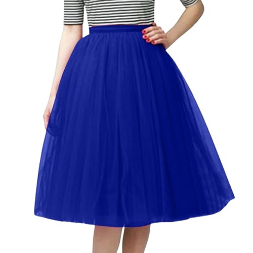 Tüllrock Damen Tutu Rock Midi Petticoat Hoch Taillierter A Linien Rockabilly Petticoat Mesh-Chiffon-Faltenrock Karneval Kostüm Tanzrock Unterrock Blau Faschingskostüm Damen von Generisch