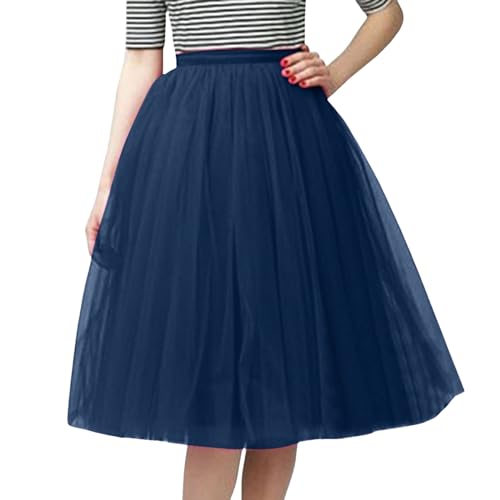 Tüllrock Damen Tutu Rock Midi Petticoat Hoch Taillierter A Linien Rockabilly Petticoat Mesh-Chiffon-Faltenrock Karneval Kostüm Tanzrock Unterrock Dark Blau Fasching Kostüm Damen von Generisch