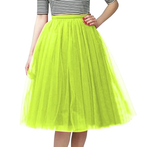 Tüllrock Damen Tutu Rock Midi Petticoat Hoch Taillierter A Linien Rockabilly Petticoat Mesh-Chiffon-Faltenrock Karneval Kostüm Tanzrock Unterrock Gelb Tüll Rock von Generisch