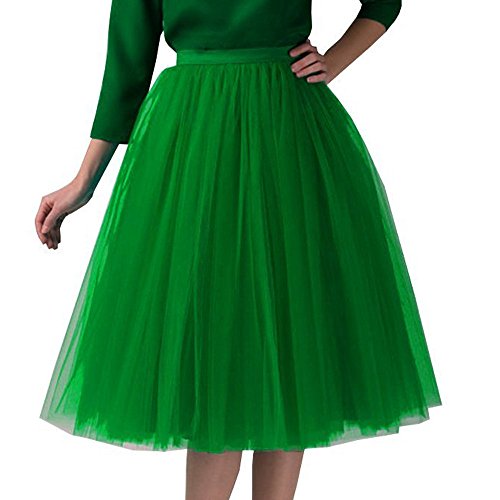 Tüllrock Damen Tutu Rock Midi Petticoat Hoch Taillierter A Linien Rockabilly Petticoat Mesh-Chiffon-Faltenrock Karneval Kostüm Tanzrock Unterrock Grün Damenrock von Generisch