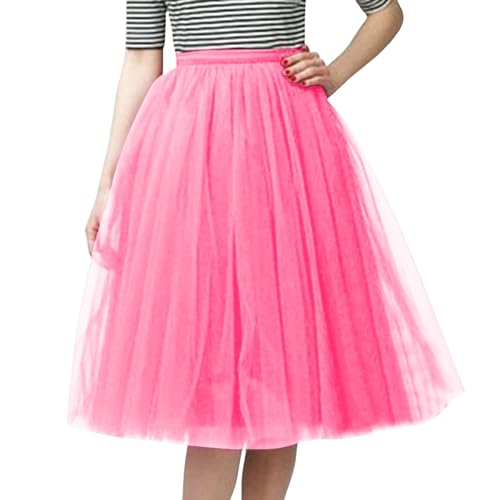 Tüllrock Damen Tutu Rock Midi Petticoat Hoch Taillierter A Linien Rockabilly Petticoat Mesh-Chiffon-Faltenrock Karneval Kostüm Tanzrock Unterrock Rosa Röcke von Generisch