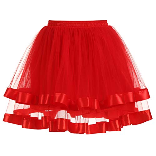 Tüllrock Damen Tutu Tüllrock Bunt Elastic Bund Blase Faltenrock Petticoat Spitzenbesatz Unter Rock Tanzkleid Tanz Karneval 50er Ballettrock Multi Schichten Vintage Ballet Blase Tulle (Red-1, One Size) von Generisch