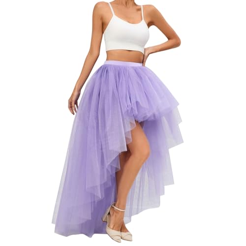 Tüllrock Lila Lang Tüllrock Damen Asymmetrischer Rock Rockabilly Tüllrock Tutu Tanzkleid Retro Fasching Tutu Rock Tütü Petticoat Unterrock Tüllröcke Outfit Karneval Ballett Kostüm von Generisch