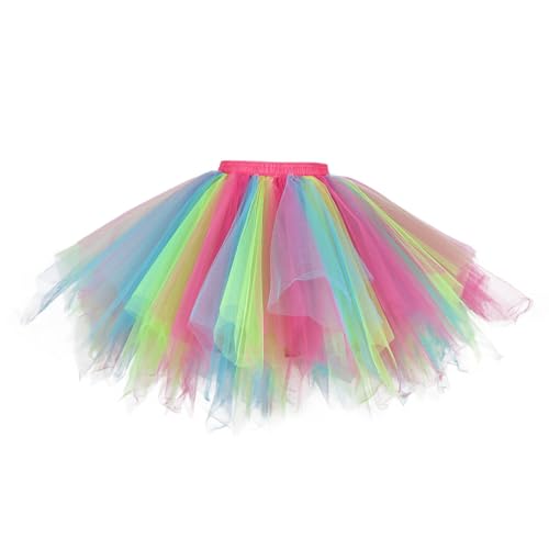 Tüllrock Pastell, Karneval Kostüm Damen Regenbogen Tüllrock Kostüm Mottoparty Rock Regenbogen Bunter Rock Lang Tutu Regenbogen Tüllrock Pastell Retro Rockabilly Petticoat von Generisch