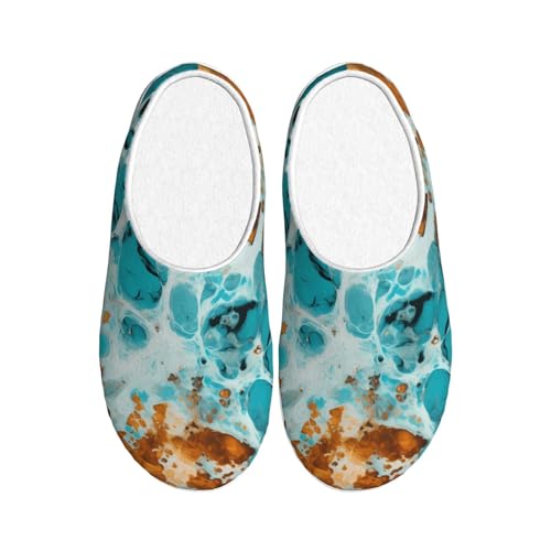 Türkis Marble Art Damen Hausschuhe Flanell Haus Pantoffeln für Herren Teal Kuh Druck rutschfeste Warme Winterschuhe für Indoor Outdoor, mehrfarbig, X-Small Men/ Large Women von Generisch