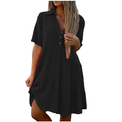 Tunika Kleid Damen Sommer Knielang Rüschen Sommerkleid Damen Elegant Kurzarm Sommerkleider Damen Leicht Und Luftig Hemdkleid A Linie Kleider V Ausschnitt Kleid mit Knopfleiste Strandkleid von Generisch