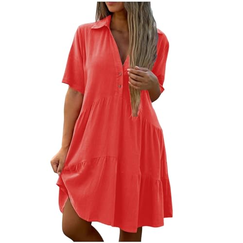 Tunika Kleid Damen Sommer Knielang Rüschen Sommerkleid Damen Elegant Kurzarm Sommerkleider Damen Leicht Und Luftig Hemdkleid A Linie Kleider V Ausschnitt Kleid mit Knopfleiste Strandkleid von Generisch