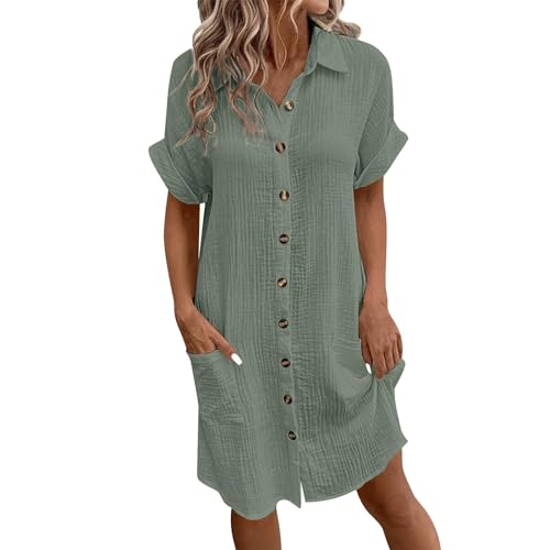 Tunika Kleid Damen Sommer Knielang Sommerkleid Damen Elegant Kurzarm Hemdkleid mit Taschen Sommerkleider Damen Leicht Und Luftig Blusenkleid mit Knopfleiste kleider Locker Lässig Strandkleid von Generisch