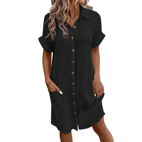 Tunika Kleid Damen Sommer Knielang Sommerkleid Damen Elegant Kurzarm Hemdkleid mit Taschen Sommerkleider Damen Leicht Und Luftig Blusenkleid mit Knopfleiste kleider Locker Lässig Strandkleid von Generisch