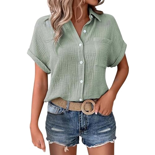 Tuniken Für Damen Basic V-Ausschnitt Kurzarm T-Shirt Lässiges Musselin Oberteile Button Down Bequemes Einfarbig Tops Leinen Damen Oberteil Einzigartige Struktur Mit Falten. von Generisch