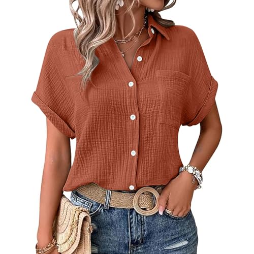 Tuniken Für Damen Basic V-Ausschnitt Kurzarm T-Shirt Lässiges Musselin Oberteile Button Down Bequemes Einfarbig Tops Tunika Damen Sommer Baumwolle Doppellagiger Stoff Mit Struktur. von Generisch
