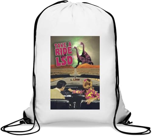 Turnbeutel mit Aufschrift "Take A Ride On LSD", lustiger Dinosaurier, Turnbeutel, lässiger Kordelzugbeutel, Weiß von Generisch