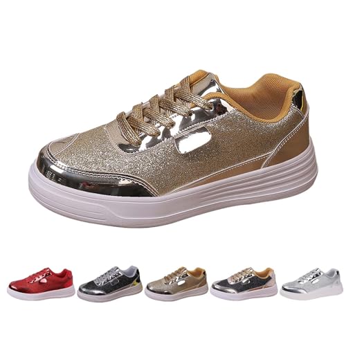 Turnschuhe Damen Elegant Flache Schuhe Mit Strasssteinen Besetzt Freizeitsandale Gold Silber Laufschuhe Weichen Bequeme Sportschuhe Atmungsaktive Schnürer Bequeme Joggingschuhe Weite Walkingschuhe von Generisch