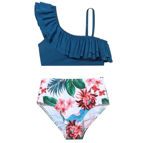 Tween Mädchen One Shoulder Schwimmen Badebekleidung Zweiteilig Kinder Blumendruck Rüschen Tankini Niedlich Hohe Taille Bikini Set Strand Badeanzug Bademode Hawaii, blau, 10-11 Jahre von Generisch
