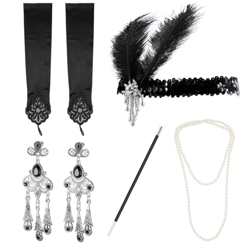 Twenties' Roaring Deco Accessoires Set Frauen für Vintage Great 1920er Jahre Zubehör Inklusive Perlenkette Satin Handschuhe Ohrringe Flapper Kopfbedeckung Zigarettenspitze von Generisch