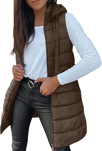 Übergangsjacke Damen Lang, Steppweste Weste Damen Lang, Teddy Lange Ärmellose Longweste Damenweste Leicht Elegant Grosse Grössen Daunenweste Winterjacke Mit Kapuze Reissverschluss Kapuzenweste Outdoor von Generisch