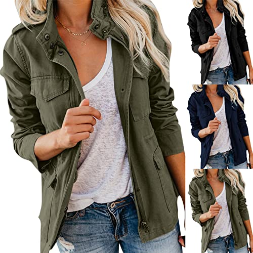 Übergangsjacke Damen Leichte Sommerjacke Einfarbig Stehkragen Jacket Langarm Frühlingsjacke Sportliche Steppjacke 80er Festliche Kurzmantel Große Größen Blouson Jacken, S-5XL (01-Army Green, XL) von Generisch