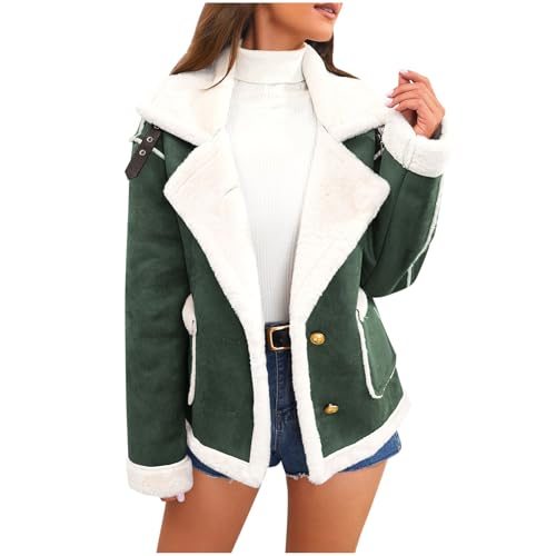 Übergangsjacke Damen Warm Winterjacke Teddyfell Gefütterte Fleecejacke Winter Revers Jacke Mantel Winddichte Wintermantel mit Pelzfutter Kurz Wildleder Winterparka mit Knöpfe Daunenjacke Plüschjacke von Generisch
