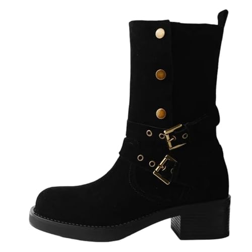 Übergröße 34-41 Damen Wildleder Western-Stiefeletten mit runder Zehenpartie klobiger Mittelabsatz und Schnallendetail für einen lässigen Cowboy-Stil, Schwarz, kein Fell, 42 EU von Generisch