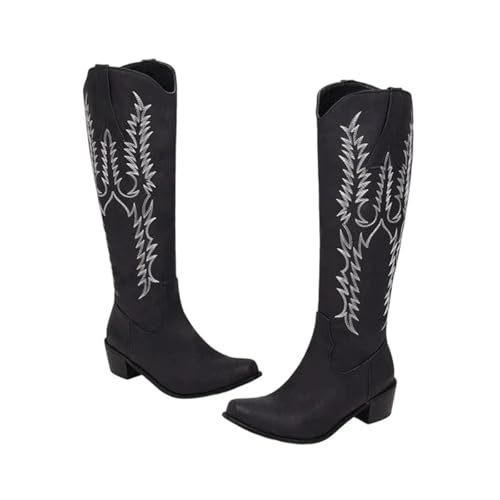 Übergröße 45 Damen bestickte kniehohe Stiefel mit quadratischem Zehenbereich und hohem quadratischem Absatz Reißverschluss-Design für einen stilvollen Gothic-Look, Schwarz , 38 EU von Generisch