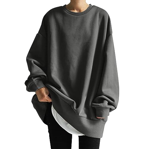 Übergroße Damen-Sweatshirts, langärmelig, Rundhalsausschnitt, lockere Passform, lässig, solide Pullover-Oberteile Arbeitssachen (Grey, XXXL) von Generisch