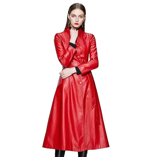 Übermänteljacke für Damen, Vintage, Herbst, Winter, langer Ledermantel, Kunstleder, Windbreaker, Mantel, schmale Mäntel, Jacken, Trench-Topcoats, rot, 5XL von Generisch