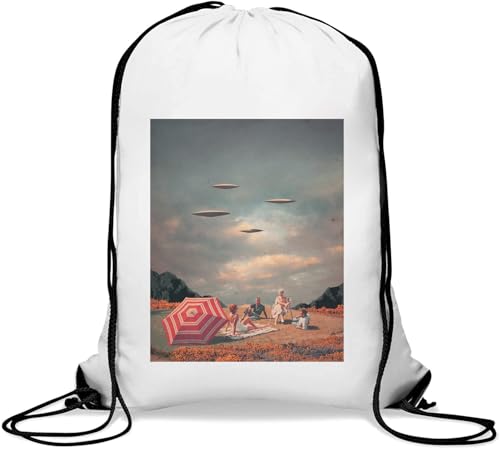 UFO Alien Invasion Retro Style Vintage Poster Gym Sack Casual Drawstring Bag White von Generisch