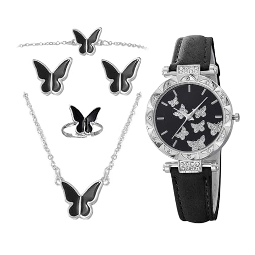Uhren für Damen, modisches Uhren-Set für Damen, PU-Lederarmband, wasserdichtes Armband-Set für Party, Reisen und Hochzeit, Schwarz , Refer to description, Unisex von Generisch