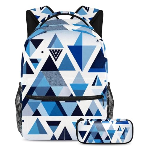 Ultimative Kombination aus Rucksack und Federmäppchen, Schulranzen-Set für Jungen, Mädchen und Teenager, blau, abstrakt, geometrisch, mehrfarbig, B：29.4x20x40cm P：19x7.5x3.8cm, Tagesrucksäcke von Generisch