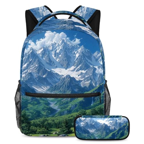 Ultimativer Rucksack mit Federmäppchen, geräumiges Schulranzen-Set für Jungen, Mädchen und Teenager, bleiben Sie organisiert und stilvoll, mit Bergmuster, mehrfarbig, B：29.4x20x40cm P：19x7.5x3.8cm, von Generisch