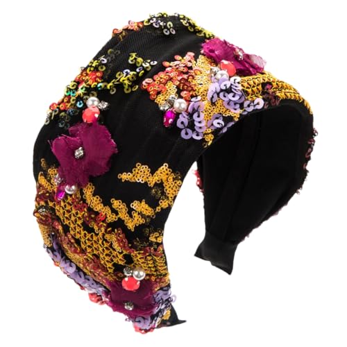 Ultrabreites Damen-Stirnband mit 7 Farben, Patchwork-Pailletten, Blumenstickerei und Perlen, Haar-Accessoires von Generisch