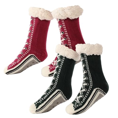 Ultradicke Kaschmir-Hausschuhsocken, Toselfwith Kaschmir-Hausschuhsocken mit Greifern für Damen (Armeegrün+Weinrot, Erwachsene, Einheitsgröße, Alphanumerisch, EU Schuhgrößensystem, M) von Generisch