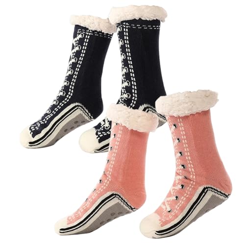 Ultradicke Kaschmir-Hausschuhsocken, Toselfwith Kaschmir-Hausschuhsocken mit Greifern für Damen (Rosa+Schwarz, Erwachsene, Einheitsgröße, Alphanumerisch, EU Schuhgrößensystem, M) von Generisch