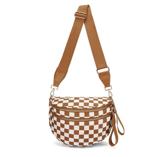 Umhängetasche, Bauchtasche für Damen, karierte Bauchtasche, wasserdichtes Oxford-Gewebe, große Kapazität, hellbraun, Einheitsgröße von Generisch