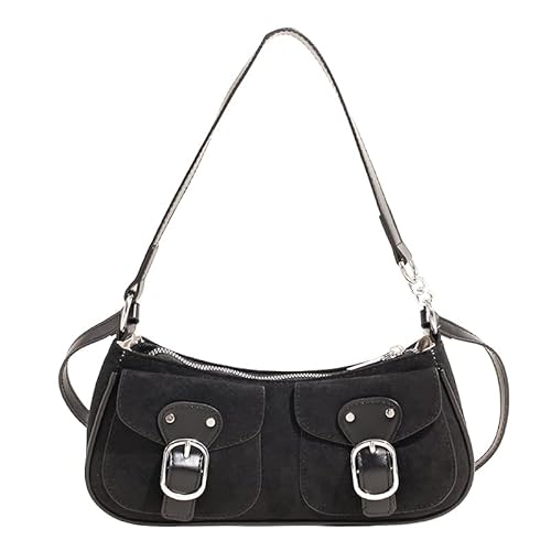 Umhängetasche Damen Handtasche,Wildlederimitat Retro Achsel Tasche mit Doppelten Taschen,Y2k Fashion Unterarmtasche mit Reißverschluss-Geschenk für Weihnachten und Geburtstag-Schwarz von Generisch
