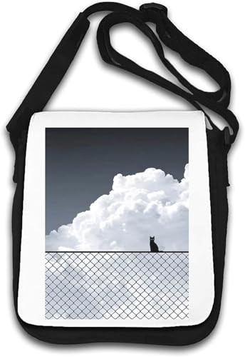 Umhängetasche Katze auf Zaun minimalistisches Kunstwerk Wolken Weiß von Generisch