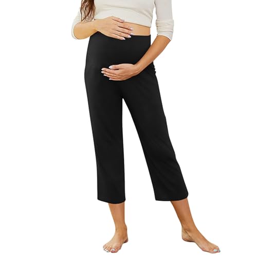 Umstandshose High Waist 3/4 Einfarbige Casual Yogahose Mit Taschen Leicht Und Luftig Sommerhose Atmungskative Weicher Freizeithose Einfarbige Loose Fit Damenhose Black XL von Generisch