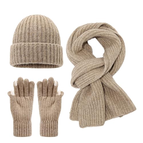 Unisex 3er Mütze Schal und Handschuh Set Strick mit Haube Fleece Touchscreen Handschuhe Sets Einfarbig Weich Exquisite Gefütterte Handschuhsets Thermo Geschenk Set für Damen und Herren von Generisch