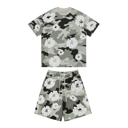 Unisex DT T-Shirt und Shorts Set 2 Teiliges Sommer Outfit Herren Damen Trainingsanzug Jogginganzug Y2K Kurzarm T-Shirts und Hose 2-Teilig Tracksuit Sportanzug Männer mit Blumen (Y01-Grau, S) von Generisch