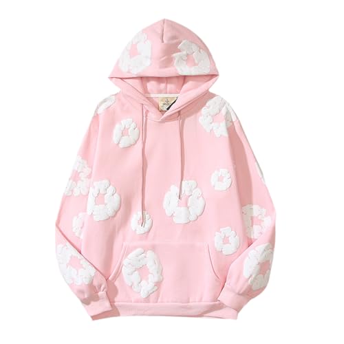 Unisex Denim T Oversized Hoodie Herren mit Blumenmuster Langarm Harajuku College Style Kapuzenpullover Streetwear Y2K Hip Hop Kapuzenpulli Sport Kapuzenjacke mit Taschen Outdoor Freizeit Pullover von Generisch