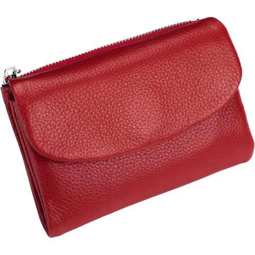 Unisex Pebble Leather Wallet, Short Genuine Leather Purse for Coins and Cards, Compact Travel Card Holder (Red) von Generisch