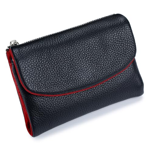 Unisex Pebble Leather Wallet, Short Genuine Leather Purse for Coins and Cards, Soft Leathers Wallets for Women (Black with Red) von Generisch