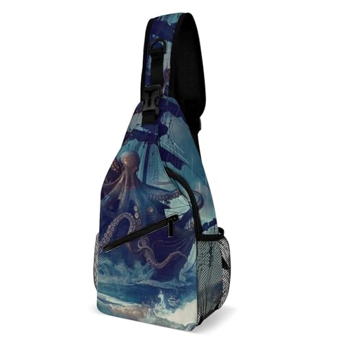 Unisex Sling Bag Leichte Crossbody Chest Pack Travel Shoulder Daypack zum Einkaufen, Radfahren oder Spazierengehen, Octopus Attacking Segelboot im Ozean von Generisch