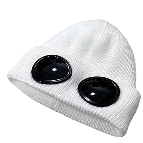 Unisex Solid Color Goggle Lens Design Beanie Hat, Knitted Warm Hat, Beanie Winter Hat with Goggles (White,Free Size) von Generisch